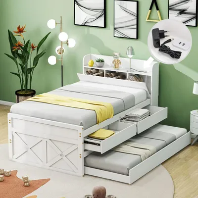 Obrázek produktu pro Jednolůžko 90 x 190 cm s výsuvnou postelí, 2 zásuvkami, nočním stolkem s úložným prostorem a USB portem, rošt, přistýlka, barva bílá, masivní borovicové dřevo