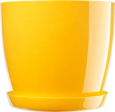 A bright yellow plastic plant pot with a matching saucer, isolated on a white background.