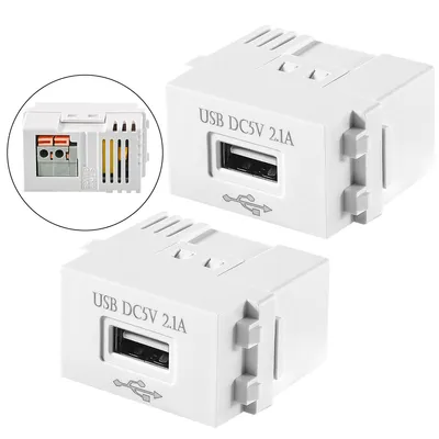 Two white USB power modules are shown against a white background. One module is shown in a close-up inset, revealing its wiring terminals.