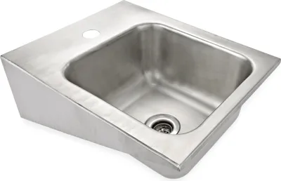 A stainless steel sink with a drain is shown against a white background.