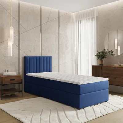 Produktbild von Masseno Boxspringbett BRESEL 90 90x200 cm Komplett-Set mit Bonell Matratze und Topper, Polsterbett mit Bettkästen -Blau, KRONOS 09