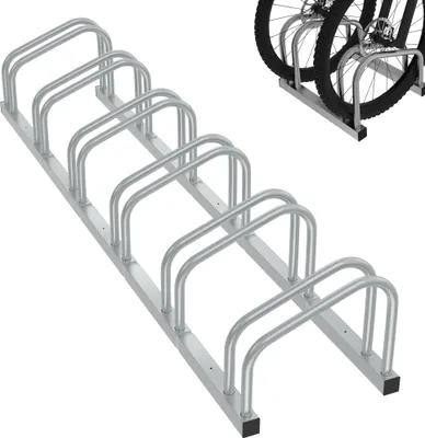 Obrázok produktu pre JOIEYOU Stojan na bicykel pre 6 bicyklov Stojan na bicykel Montáž na podlahu a stenu Rozchod kolies Pozinkovaný viacnásobný stojan pre šírku pneumatík 30-65 mm Horský bicykel Cestný bicykel MTB, strieborný