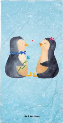 Produktbild von Mr. & Mrs. Panda Handtuch Pinguin Pärchen - Eisblau - Geschenk, Verknallt, Badehandtuch, Frotteehandtuch, Große Liebe, Hochzeit, Strandtuch, Hochzeitstag, Reisehandtuch