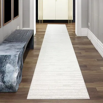 Produktbild von Wohnzimmer Schlafzimmer Teppich mit Hoch-Tief-Effekt und gemusterten Linien in der Farbe creme Größe - 80 x 300 cm