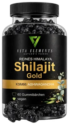 Productafbeelding van Vita Elements Himalaya Shilajit Gold Gummies 60 stuks Ashwagandha Gokshura Voedingssupplement, AI-gegenereerde afbeelding