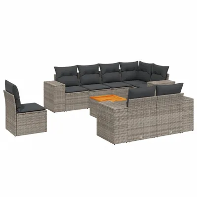 Produktbild von Modulare Garten-Lounge-Sofa-Garnitur, 9-teilig, mit Stauraum, wasserabweisendem Beutel & Kissen, Poly Rattan & Akazienholz, Grau