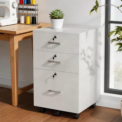Produktbild von FCH Rollcontainer mit 3 Schubladen, mobiler Aktenschrank mit Rollen, Bürocontainer für A4 & LETTER, 39 x 38 x 66.5 cm, Weiß
