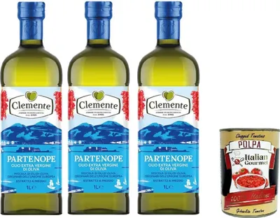 Produktbild von Clemente Partenope – Natives Olivenöl Extra Kaltgepresst – Mischung europäischer Olivenöle – Hergestellt in Italien 3x1lt + Italian Gourmet polpa 400gr