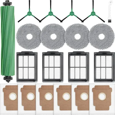 A collection of cleaning accessories for a robot vacuum cleaner, including a main brush, filters, and mop pads, laid out on a white background.