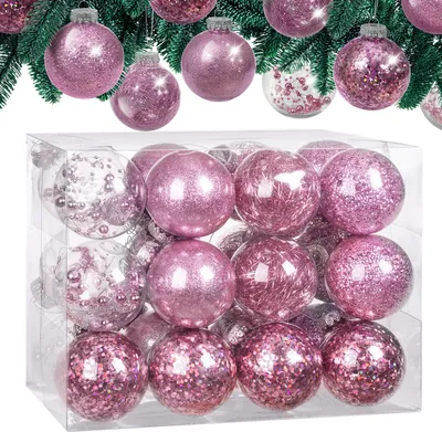 Image de Set de 24 boules de Noël Ø 7 cm en plastique transparent avec déco personnalisable Décoration sapin rose