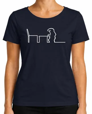 Imagen del producto de La Línea Strichmännchen, diseño de Osvaldo Cavandoli, marca Kult, camiseta para mujer, color azul marino, talla L