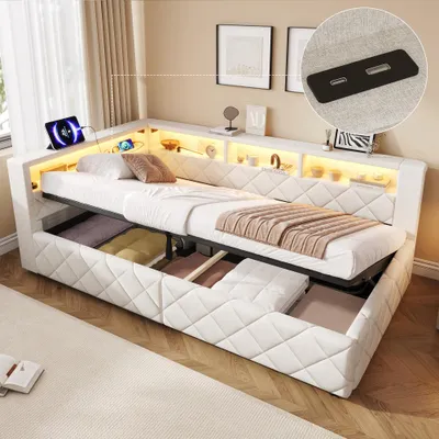Image de Canapé-lit avec coffre à lattes relevable par système hydraulique, éclairage LED, port USB, sommier à lattes, revêtement en lin, sans matelas, dimensions 90 x 200 cm, couleur beige