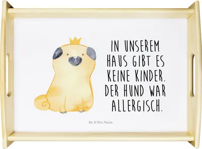 Produktbild von Mr. & Mrs. Panda Servier Tablett Mops Krone - Weiß - Geschenk, Hund, holz, König, Deko, Königlich, Holztablett, teetablett, Haha, Sprüche, Lustig