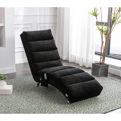 Productafbeelding van MODFU massagestoel met een rugleuning die 140° kan worden versteld, relaxstoel met een zachte vibratiefunctie, verstelbare ligstoel met zijvak, stoel bekleed met linnen, zwart