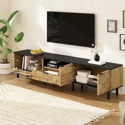 Obrázek produktu pro okwish TV skříň lowboard se 2 zásuvkami a 1 otevřenou policí TV stolek s kovovými nohami dřevěný Imitace dvoudveřový design přírodní