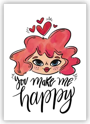 Produktbild von 4x Süße romantische Liebeskarte auch zum Valentinstag mit Herz und rothaariger Frau im Hand Lettering Stil: You make me happy