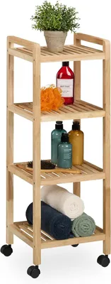 Image de Étagère de salle de bain - Bois - 97 x 35 x 31 cm - Roulettes - 4 étagères - Étagère de rangement pour salle de bain et cuisine - Naturel