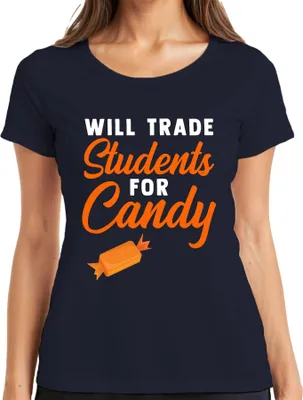 Obrázek produktu pro Vyměníme studenty za sladkosti Halloween Lustig Schule Eltern Damen T-Shirt, Navy, M