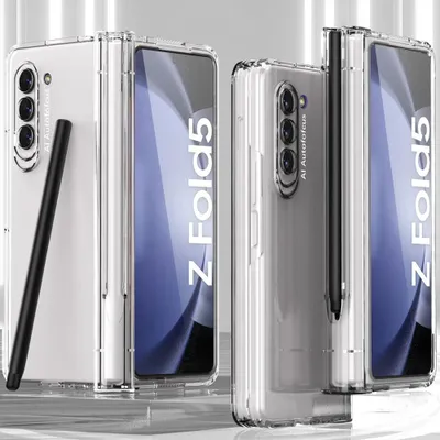 Two transparent phone cases for a foldable phone are displayed side-by-side, with a stylus in one of them.