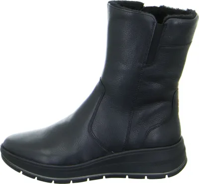 A black leather boot with a fur lining is shown against a white background.
