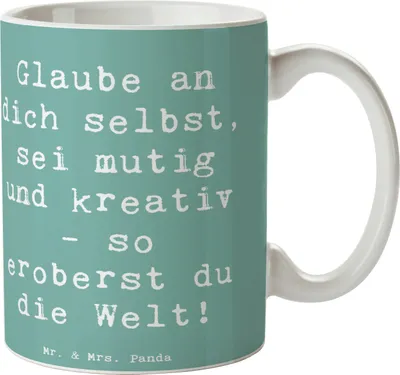 Produktbild von Mr. & Mrs. Panda Becher Spruch Die Freude an der Kreativität entdecken - Meeresbrise - Geschenk, Trinkbecher, Trost, Mutmacher, sei mutig, Inspiration, Kaffeebecher