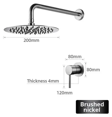 Immagine prodotto di Set doccia Badarmatur: soffione a pioggia da parete con miscelatore, ugello da 20-30 cm, in ottone, set completo di valvole, finitura nichel spazzolato