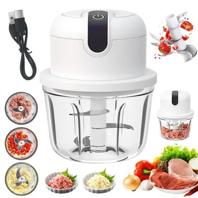 Image de Hachoir électrique pour oignons - Mini-hachoir de cuisine sans fil, rechargeable par USB - Idéal pour les fruits, les noix, la viande et l'ail - Capacité de 350 ml