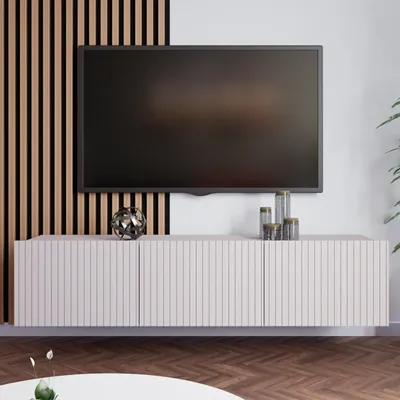 Produktbild von BEAUTYSOFA | TV-Schrank KAVELL 150 cm geriffelte Fronten, hängend/stehend, Fernseherschrank mit 3 Türen, Kaschmir