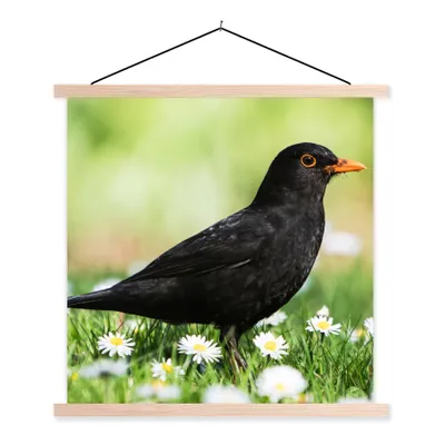 Produktbild von MuchoWow® Textilposter Vogel - Amsel - Blumen 40x40 cm mit holzfarbenen Rahmen - Posterleiste