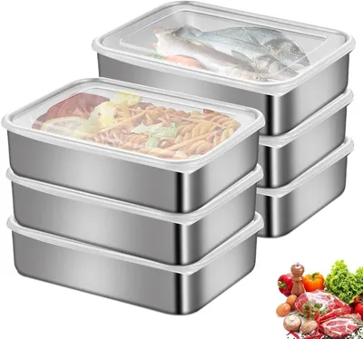 Obrázek produktu pro Nerezové nádoby na potraviny - dózy s víkem - pro skladování potravin - vzduchotěsné a stohovatelné - objem 1100 ml - 6 kusů - stříbrné