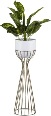 Produktbild von HowHomely Modern Pflanzenständer mit Topf, Blumenhocker aus Metall Gold 68 cm Höhe - Blumenständer für das Haus