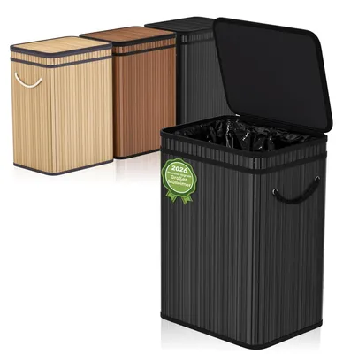 Immagine prodotto di Omgoods - Contenitore per rifiuti in bambù da 80 litri con coperchio