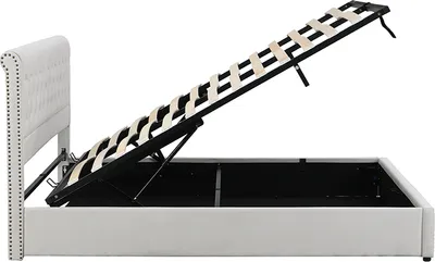 Produktbild von Merax Hydraulisches Boxspringbett 140x200cm Polsterbett mit Bettkasten und Lattenrost, Stauraumbett Funktionsbett mit Nietenverzierung und Stauraum, Doppelbett aus Leinen, Hellgrau