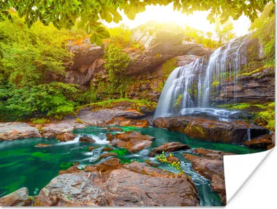 Produktbild von MuchoWow® Poster Natur - Wasserfall - Pflanzen - Bäume - Sonne 160x120 cm - Foto Plakat