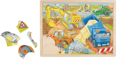 Produktbild von Puzzle aus Holz Einlegepuzzle Baufahrzeuge im Einsatz goki 56 Teile