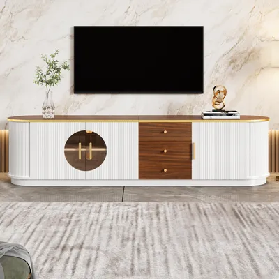 Obrázek produktu pro TV stolek Okwish s zásuvkami a skleněnými dvířky, zaoblený design, televizní stolek s kovovými úchytkami, vhodný do obývacího pokoje, bílý