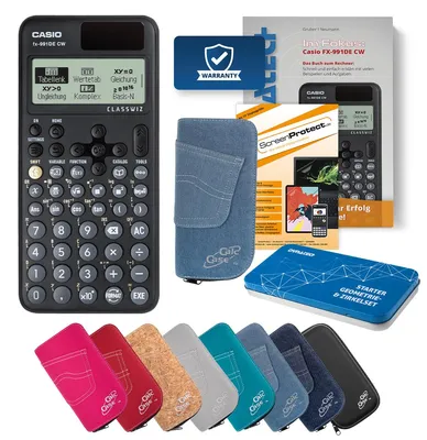 Produktbild von Casio FX-991 DE CW Taschenrechner mit Tasche hellblau, Folie, Fachbuch & Zirkel Set