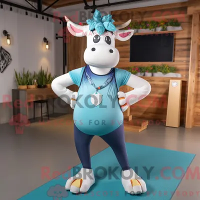 Produktbild von Maskottchen REDBROKOLY einer himmelblauen Guernsey-Kuh mit Yogahose und Krawatte