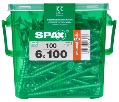 Produktbild von Packung mit 100 Spax Flachkopf-Stahlschrauben, 6 mm Durchmesser x 100 mm Länge