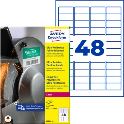 Produktbild von Avery Zweckform L7911-10, Ultra-Resistente Folien-Etiketten, A4, 45,7 x 21,2 mm, 480 Etiketten / 10 Bögen, weiß