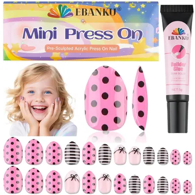 Obrázok produktu pre Sada 24 kusov umelých nechtov, ktoré sa pripevňujú nalepením, vhodná pre dievčatá. Krátke umelé nechty s lepom