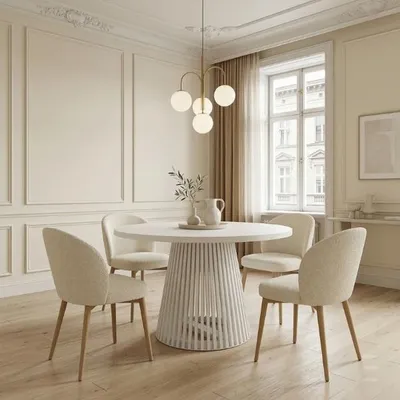 Produktbild von Runder Ausziehbarer Tisch für Esszimmer, DOVER - Industrial/Loft Still mit Lamellenbeine, Durchmesser: 120 / 220 cm, Farbe: Weiß