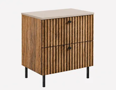 Obrázek produktu pro Závěsná skříňka do koupelny s deskou 60, Imitace dub Craft Gold + deska Kashmir, úchytky ve třech barvách, rozměry 60 x 44,4 x 58,6 cm, Obrázek vytvořený pomocí AI