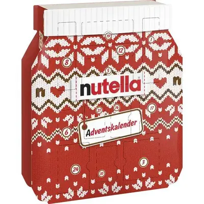 A Nutella advent calendar designed to look like a jar of Nutella with a festive sweater pattern.