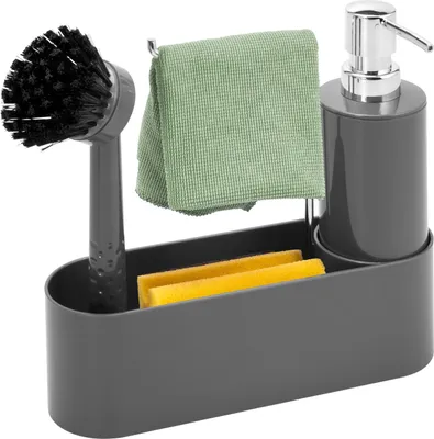 Immagine prodotto di organizzatore per lavello bremermann, dispenser per sapone, ripiano, spazzola e portapanni, grigio