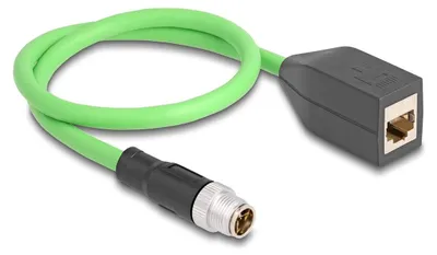 Imagen del producto de Cable Delock M12, codificación X, con conector de 8 pines a conector RJ45, cable de poliuretano (TPU), 0,5 metros