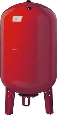 A red expansion tank with metal legs.