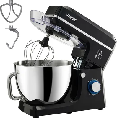 A black VEVOR stand mixer with a stainless steel bowl and attachments is shown against a white background.