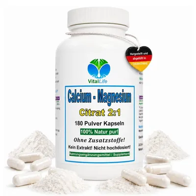 Produktbild von Calcium Calciumcitrat + Magnesium Citrat 2:1 Komplex 180 Kapseln organisch, PREMIUM Kalzium- & Magnesiumcitrat. Hohe Bioverfügbarkeit.