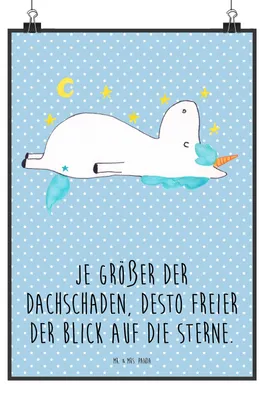 Produktbild von Mr. & Mrs. Panda Bild Einhorn Sternenhimmel DIN A2 - Blau Pastell - Geschenk, Unicorn, Sterne, drucke, Wandschmuck, Wandbild, wanddeko, Einhörner, Verrückt, Deko
